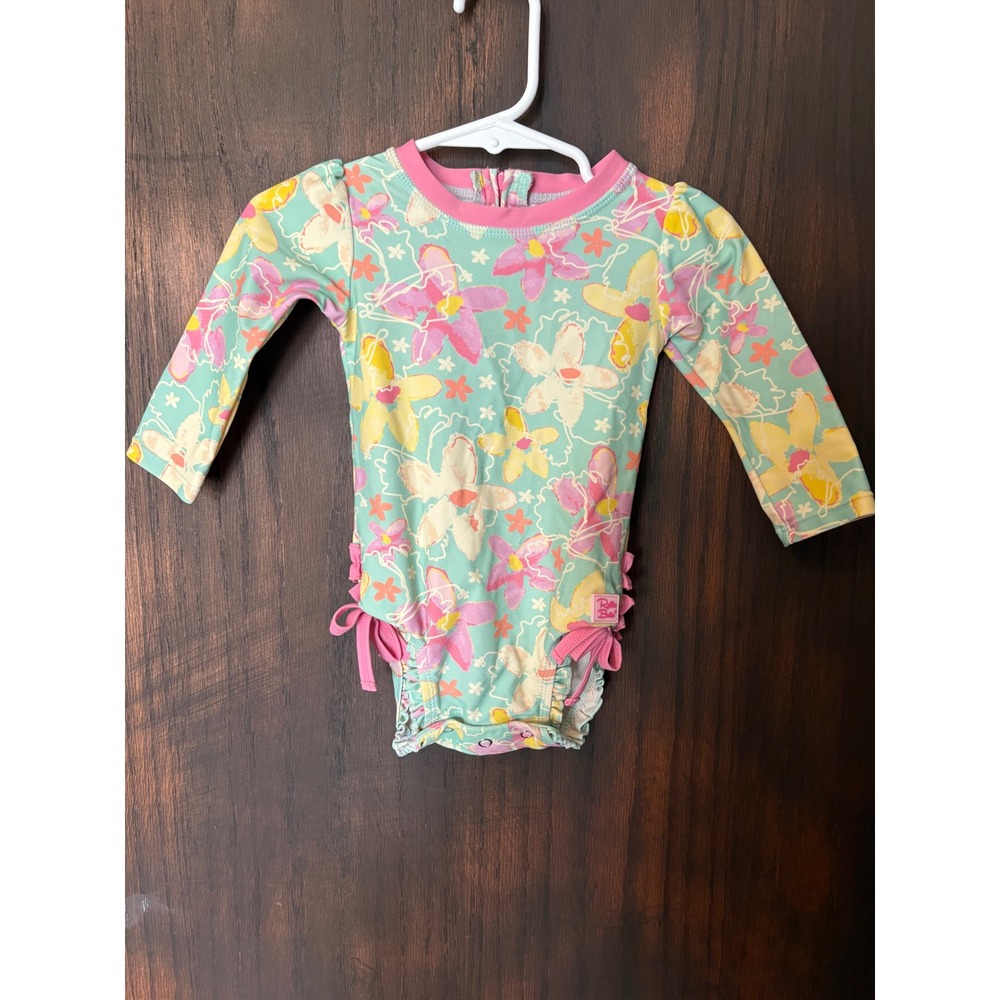 RuffleButts Girls Floral Long Sleeve Rash Guard Swimsuit Mint Pink 6-12M